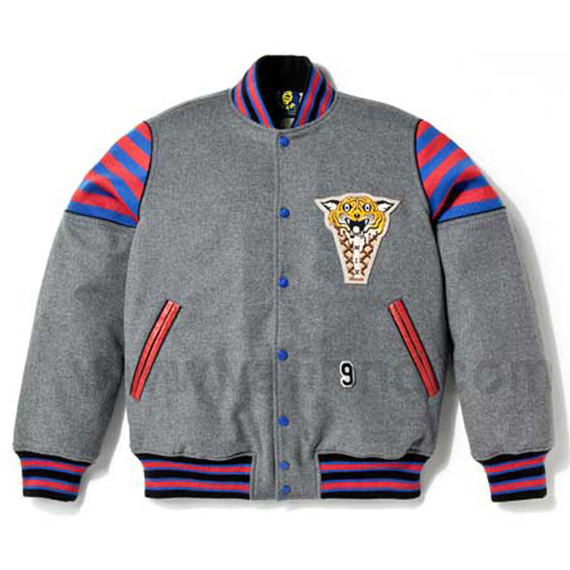 Grey varsity jacket with embroidery logo
